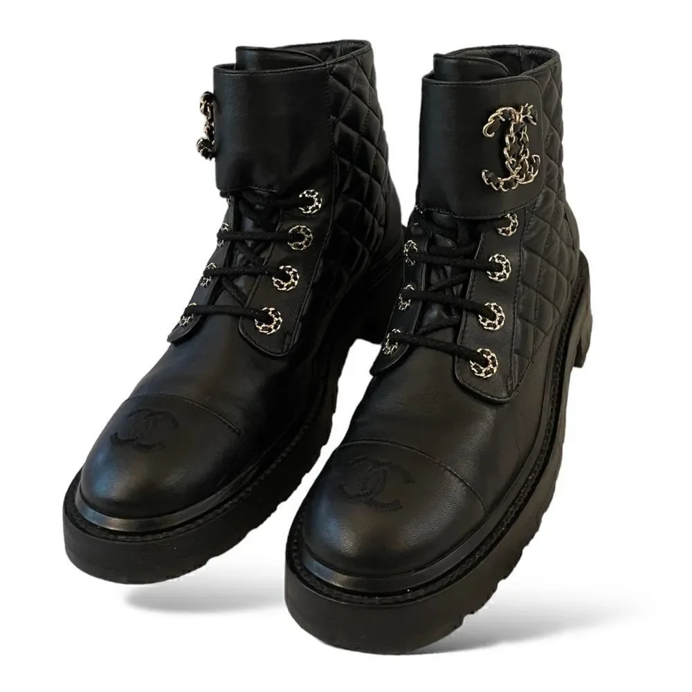 CHANEL Fall 2021 Black Lambskin Lace-Up Boots |Size: 38|